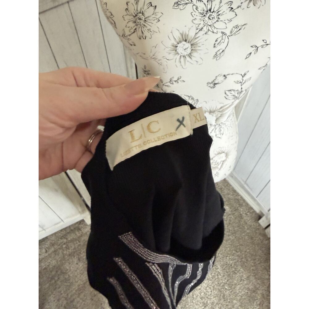 L!C Lizette Collection Black Top Rhinestone Front & Sleeves L/S Glam Sz XL - Picture 4 of 7